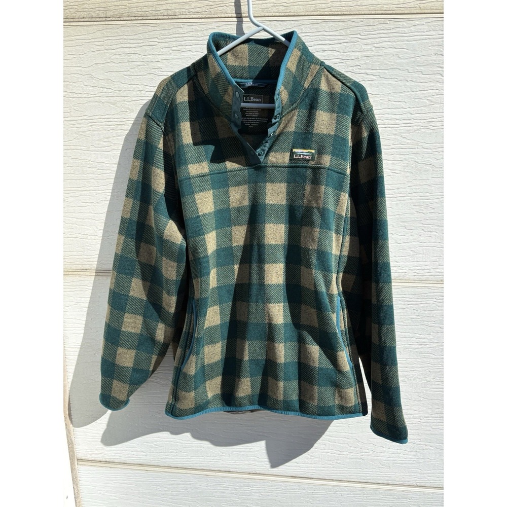 LL Bean Womens Sweater Pullover Green Plaid 2X Plus Logo Quarter Snap Classic